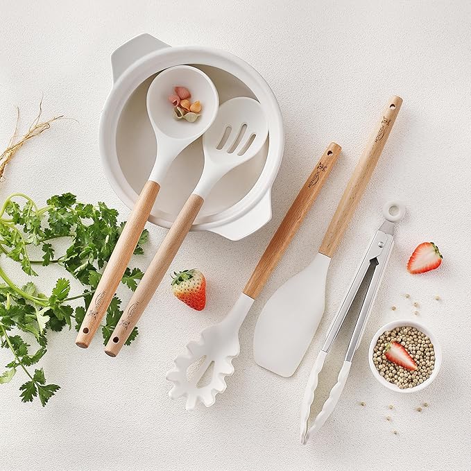 Silicone Cooking Utensils Set, MONGSEW Heat Resistant Kitchen Utensils for Cooking with Wooden Handle, Spatula Turner Spoon Tongs Whisk (WHITE, Smile Dog Pattern)