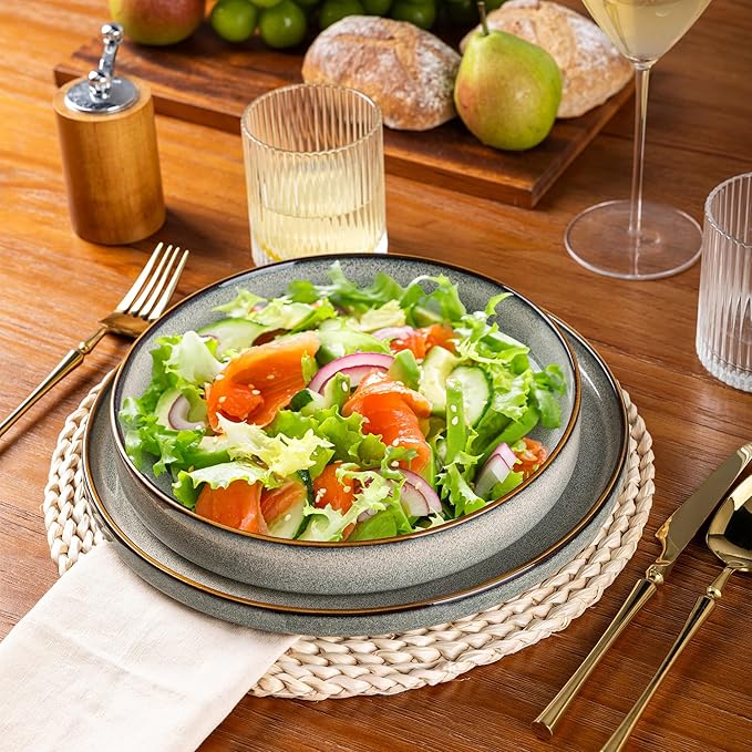 GBHOME 9'' Large Ceramic Pasta Bowls, 32oz Stoneware Pasta Serving Bowls Set of 4 for Kitchen, Wide Bowls for Fruit,Pasta,Salad,Oatmeal,Meal, Microwave Safe, Reactive Glaze-Green Wheat