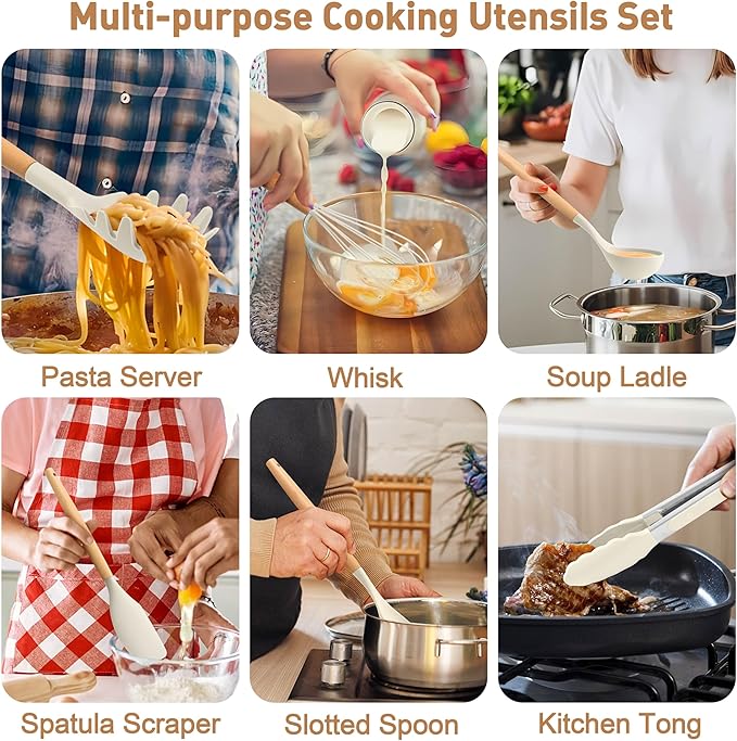 LIANYU 15 PCS Silicone Kitchen Utensils Set with Holder, Cooking Utensils set for Nonstick Cookware, Heat Resistant & Non Toxic Spatula Ladle Tong, White