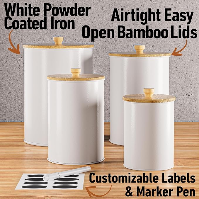 Kitchen Canisters for Countertop Set of 4 with Customizable Chalkboard Labels & Marker Pen - Big Iron Kitchen Canisters with Airtight Lids - White Canister Set - Flour and Sugar Containers Farmhouse