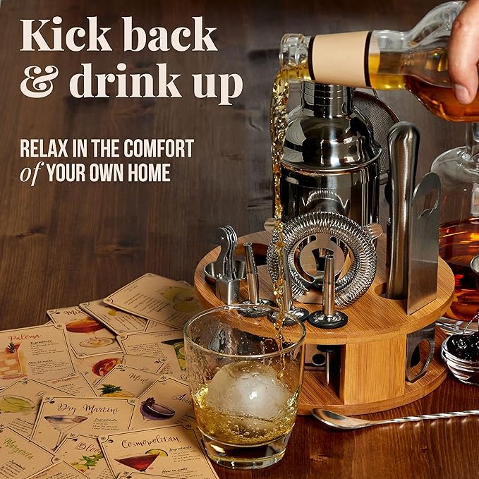 Mixology & Craft Bartender Kit – 15-Piece Cocktail Shaker Set with Bar Tools, Premium Stainless Steel Drink Mixer Accessories for Home Bar, Includes Bamboo Stand, Plus Exclusive Recipe Cards (Black)