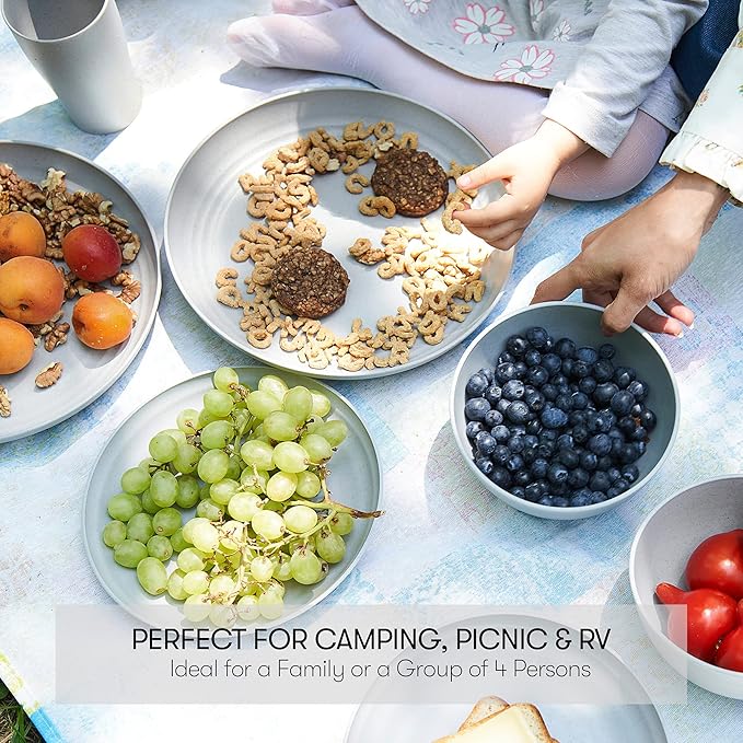 Wheat Straw Dinnerware Sets | Unbreakable Dinnerware Sets | Dishwasher Microwave Safe Dinnerware | Eco Friendly Non Breakable Dinnerware Sets | RV Outdoor Camping (Grey, Service for 4 (16 pcs))