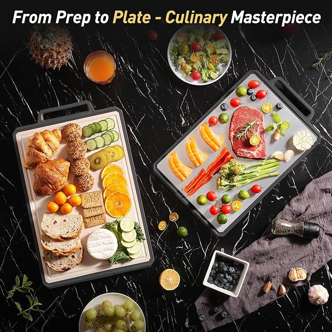 2 Packs Pure Titanium Cutting Boards for Kitchen Chopping Board with Handle Large Big Small Kitchen Meat Butcher Block 2 in 1 Titanium and Wheat Straw PP Not Wood Bamboo Plastic Silicone Grey/Beige