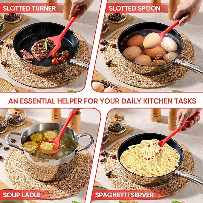 Herogo Silicone Cooking Utensils Set, 7-Piece Kitchen Utensils Set, Heat Resistant Cooking Gadget Tools Slotted Turner, Spoon, Soup Ladle, Pasta Server, Spatula, Tongs for Nonstick Cookware, Red