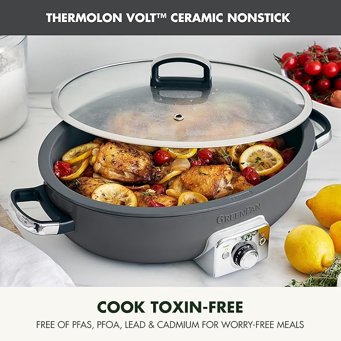GreenPan Elite 5.5QT Electric Oval Skillet, PFAS-Free Ceramic Nonstick, 1800 Watt, Dishwasher Safe Lid & Removable Crock, Adjustable Temp Control, Multi-Cooker, Sear, Sauté, Rice, Stir-Fry, Black