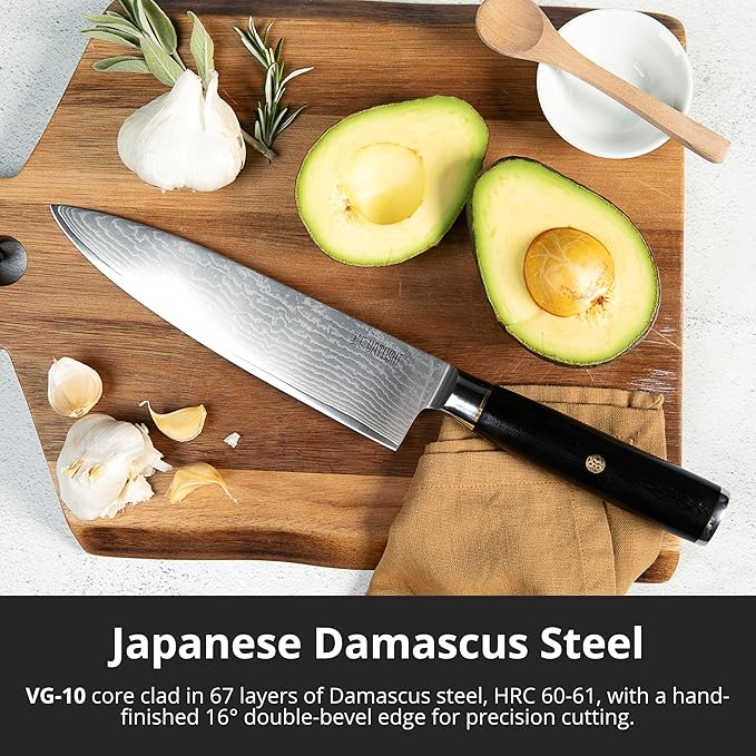 Yatoshi Magnetic Kitchen Knife Block Set 6 Pcs - Japanese 67 Layer High-Grade VG-10 Damascus Steel Knives, Sharp, G10 Handle Professional Kitchen Knife Set