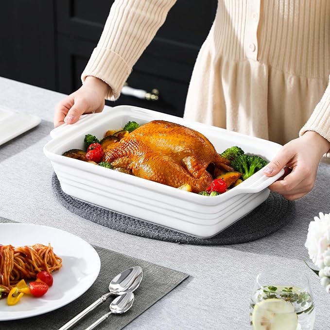 MALACASA 4.4 Quart Baking Dish With Lid, Porcelain Casserole dish with Lid, 13 x 9 Lasagna Pan Deep with Lid, Rectangular Bakeware With Handle, Microwave, Oven Safe, White, Series BAKE