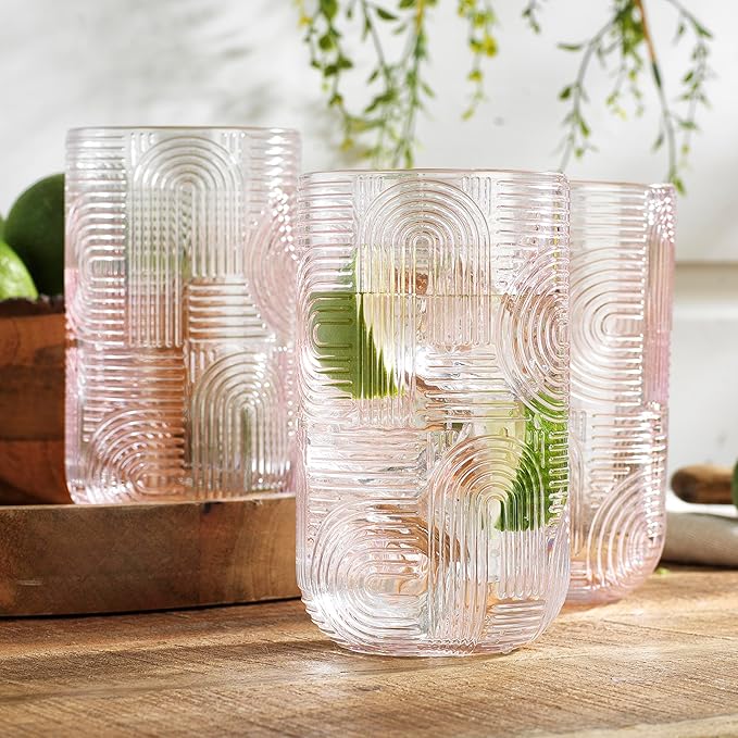 Glaver's Drinking Glasses, Set of 4 Pink Highball 17 Ounce Modern Embossed New Designed Kitchen Glasses Elegant Modern Glassware for Everyday Home or Bar Water Juice Cocktails. Urban Pattern