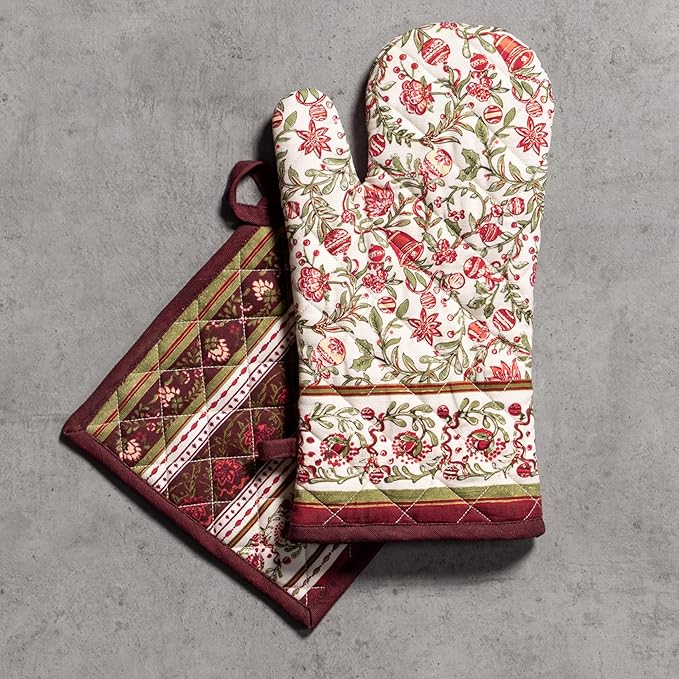 Maison d' Hermine 100% Cotton Oven Mitt & Pot Holder Set (7.5"x13" & 8"x8") Heat Resistant BBQ Cooking Gloves with Loop, Baking, Grilling, Kitchen, Handling Hot Pans (Reveillon Au Jardin)