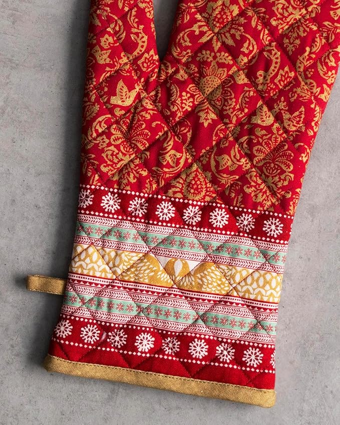 Maison d' Hermine 100% Cotton Oven Mitt & Pot Holder Set (7.5"x13" & 8"x8") Heat Resistant BBQ Cooking Gloves with Loop, Baking, Grilling, Kitchen, Handling Hot Pans (Sofia)