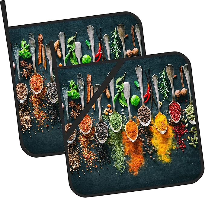 Colourful Various Herbs Pot Holders Set of 2 Heat Resistant & Non Slip Potholders, Spices for Cooking Oven Hot Pads for Kitchen Cooking Baking Barbecue