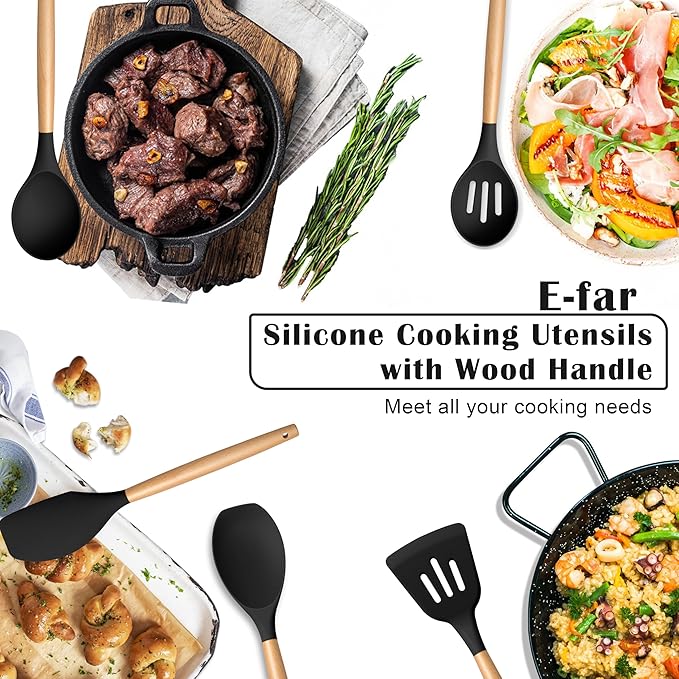 E-far Silicone Cooking Utensils Set, 5-Piece Black Kitchen Utensils Set with Wooden Handle for Cooking, Silicone Kitchen Nonstick Tools Spatula Turner Slotted Spoons, Nontoxic & Heat Resistant-Black