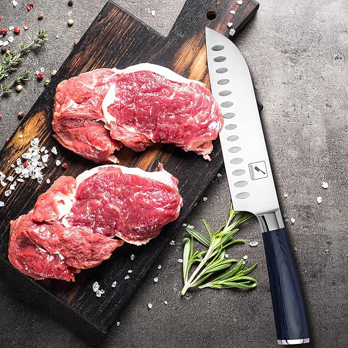 imarku Santoku Knife, 7 inch Kitchen Knife Ultra Sharp Asian Knife Japanese Chef Knife - German HC Stainless Steel 7Cr17Mov - Ergonomic Pakkawood Handle, Christmas Gifts for Women/Men, Blue