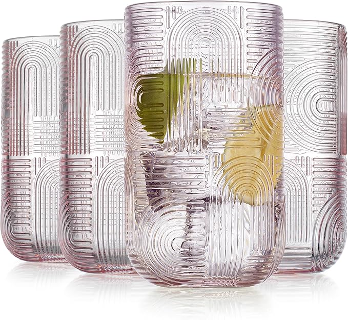 Glaver's Drinking Glasses, Set of 4 Pink Highball 17 Ounce Modern Embossed New Designed Kitchen Glasses Elegant Modern Glassware for Everyday Home or Bar Water Juice Cocktails. Urban Pattern