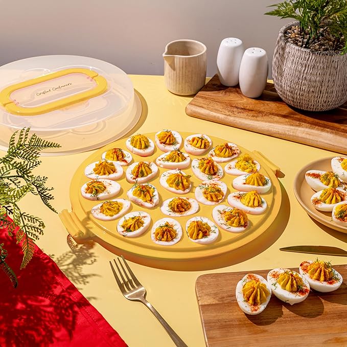 Classy Deviled Egg Carrier with Lid & Handles - Portable Egg Tray Platter for Holidays & Parties - Dishwasher-Friendly - Yellow