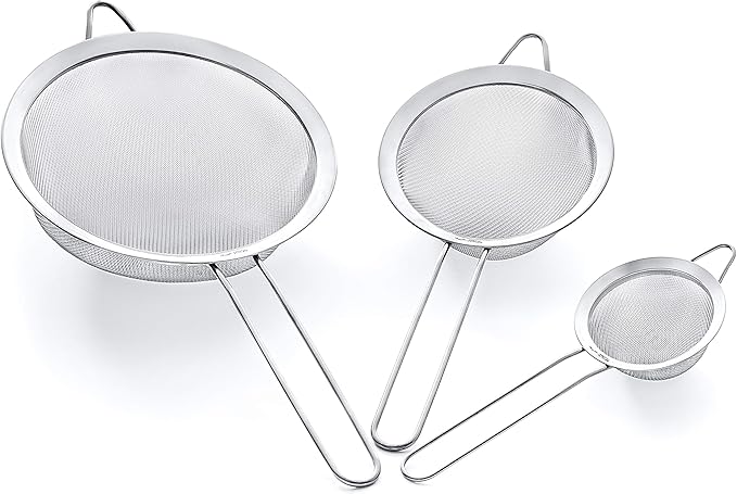 Strainer Set Fine Mesh – Premium 304 Stainless Steel (18/8) – 8″, 5.5″ and 3.3″ Sturdy Kitchen Strainers (Silver)