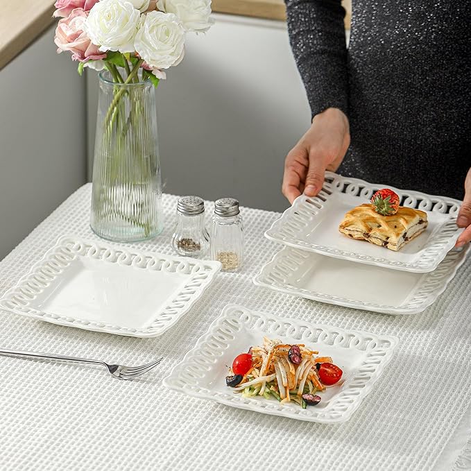 Ceramic Square Dinner Plates, 11 inch Square Serving Plate Set of 4 for Steak Pasta Salad Snacks Pizza Appetizer, New Bone Porcelain Plates with Lace Rim, Party Wedding Birthday Christmas Gift, White