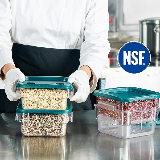 CURTA 4 Pack Food Storage Container with Green Lid - NSF Listed Commercial Grade in 2.0 Qt - Square, Clear, Polycarbonate