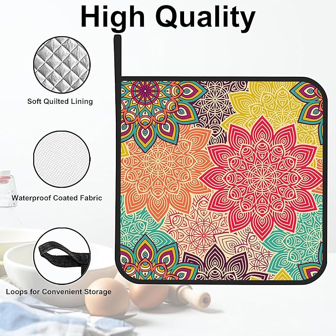 Vintage Mandala Floral Pot Holders 2 PCS for Kitchen, Heat Resistant Hot Pads for Cooking Grilling Baking BBQ, Pot Holders for Women Cook Essentials Accessories Home Microwave