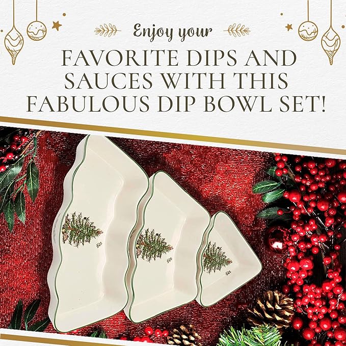 Spode Christmas Tree Dip Bowls - 3 Piece Ceramic Christmas Dipping Set - Festive Salsa Bowls for Holidays - Durable, Dishwasher Safe - Holiday Dinnerware