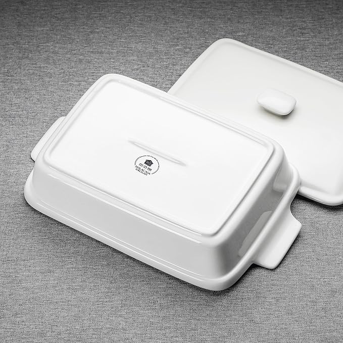 MALACASA 3.4 Quart Baking Dish With Lid, Porcelain Casserole dish with Lid, 13 x 9 Lasagna Pan Deep with Lid, Rectangular Bakeware With Handle, Microwave, Oven Safe, White, Series BAKE