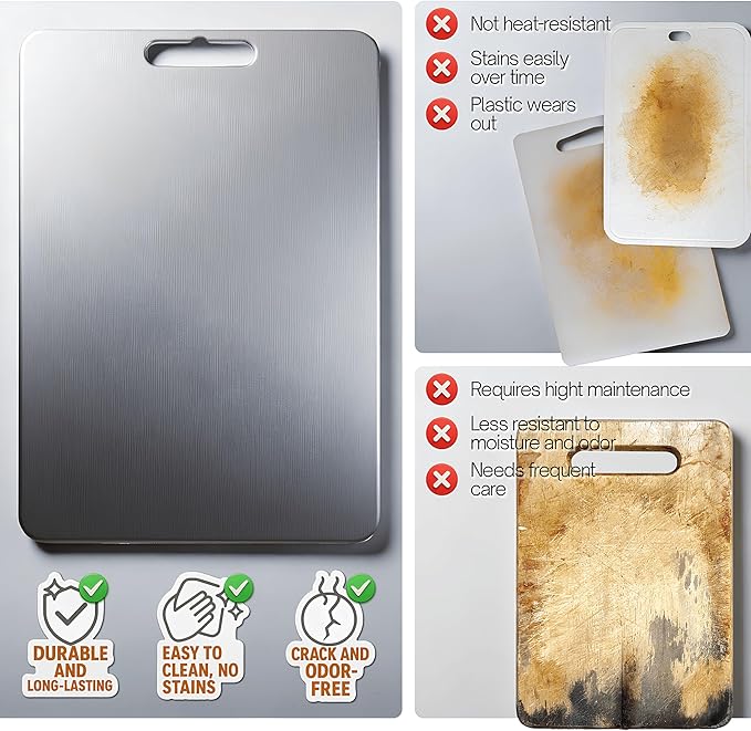 100% Pure Titanium Cutting Boards For Kitchen 14x10 Inch. Heavy-duty Thick Titanium Cutting Board 2mm, Durable & Dishwasher Safe. Ideal For Compact Kitchens & Quick Meal Prep.