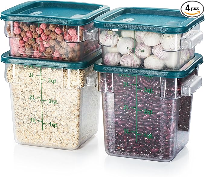 CURTA 4-Pack Food Storage Containers with Green Lids - 2 Qt & 4 Qt Square Clear Polycarbonate - NSF Listed, Commercial Grade, Freezer & Dishwasher Safe, Stackable