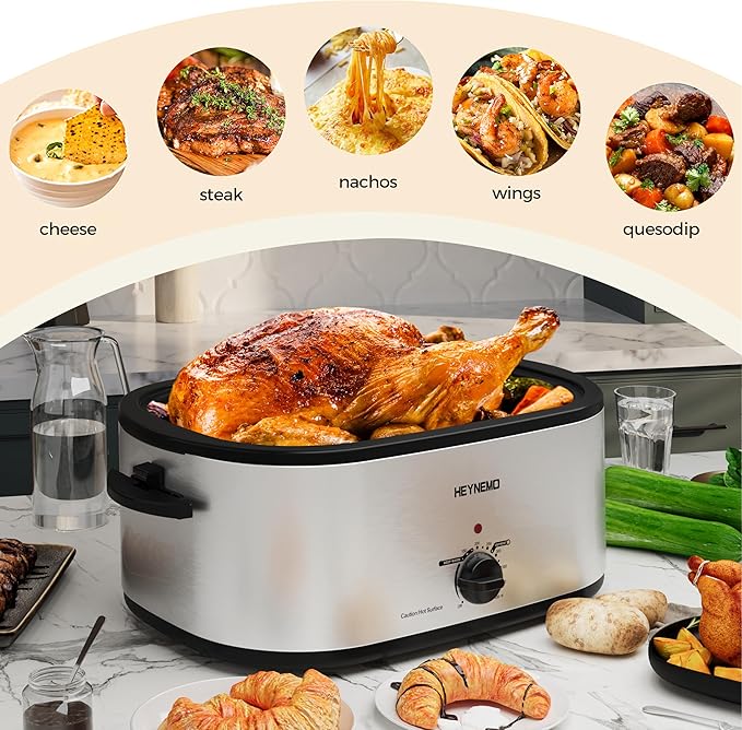 Roaster Oven 28 Quart, Electric Roaster Pan with Visible & Self-Basting Lid, Large Stainless Steel Electric Turkey Roaster Oven Defrost Warm Function, Removable Pan Rack, Fits Turkeys Up to 30LB