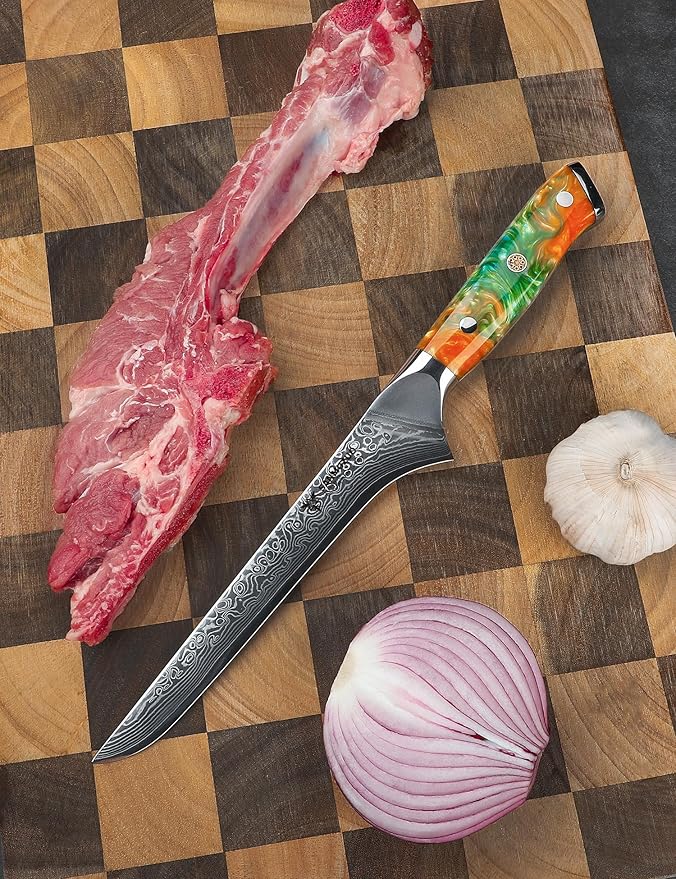 7 inch Fillet Knife, VG10 Damascus Steel Fish Boning Knife with Resin Handle - Xuan Series (Fantasy Orange)