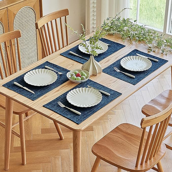 Softalker Faux Linen Placemats Set of 8-12 x 18 Inch, Heat Resistant Double Layered Durable Burlap Farmhouse Place Mats, Non-Slip Washable Rustic Table Mats for Dining, Kitchen, Party(Navy Blue