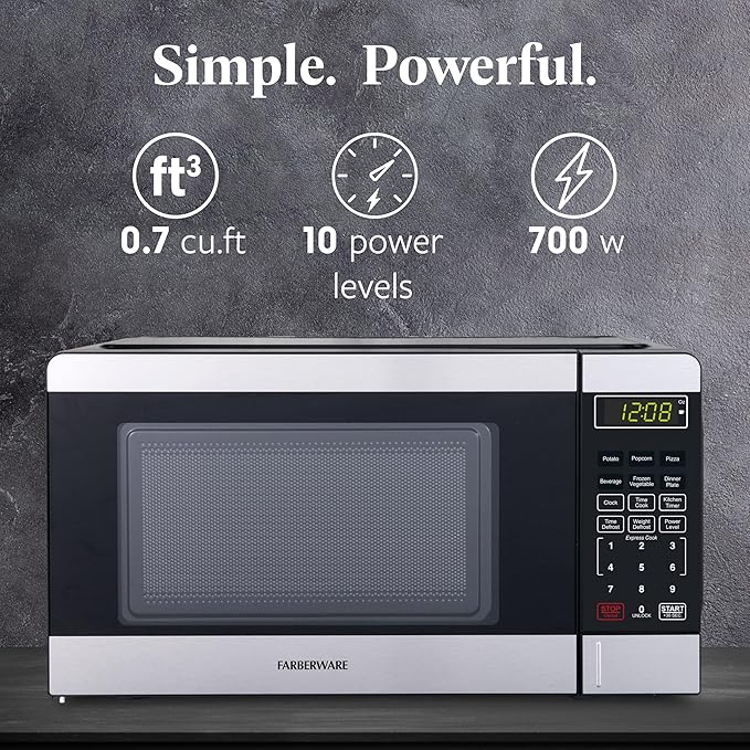 Farberware 0.7 Cu. Ft, Compact Microwave Oven, 700-Watt, with Auto Cook Menus, Child Lock, Stainless