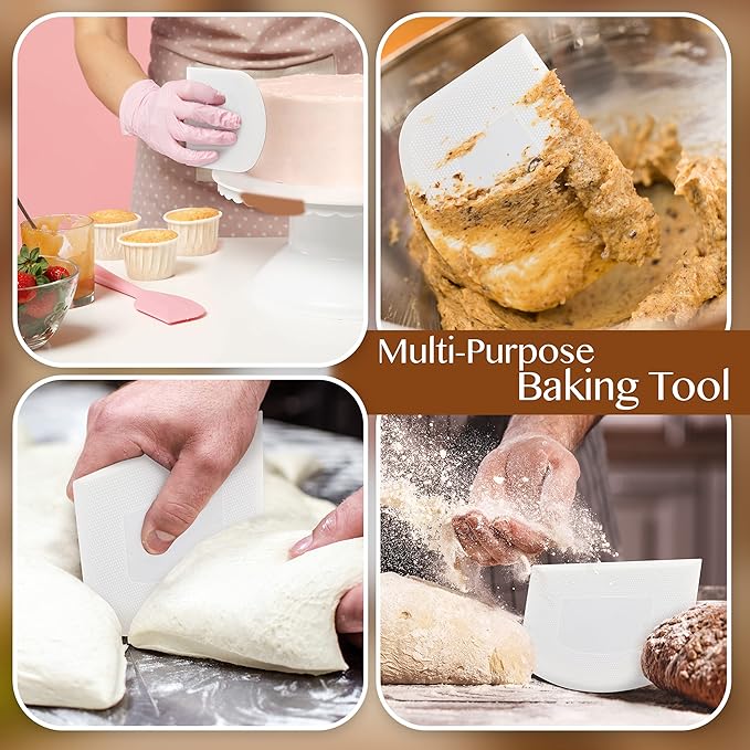 Plastic Bench Scraper for Baking - 2 White Bowl Scraper - Flexible Food Safe Dough Scraper Multipurpose Good Grip Curved and Flat Edge Dough Cutter - Essential Pan Scraper for Kitchen Use - RamPro