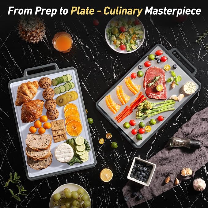 Titanium Cutting Boards for Kitchen Chopping Board with Handle Large Big Small Kitchen Meat Butcher Block 2 in 1 Pure Titanium and Wheat Straw PP Not Wood Bamboo Plastic Silicone Teak Grey/White