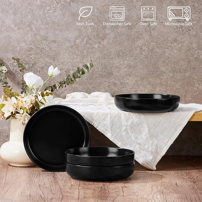 E-far Pasta Bowls Set of 4-35oz Ceramic Large Serving Salad Bowls, Wide & Shallow Stoneware Pasta Plates for Salad, Soup, Dinner| Dishwasher & Microwave Safe | Matte Black