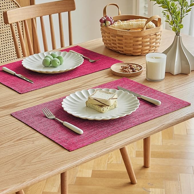 Softalker Faux Linen Placemats Set of 6-12 x 18 Inch, Heat Resistant Double Layered Durable Burlap Farmhouse Place Mats, Non-Slip Washable Rustic Table Mats for Dining, Kitchen, Party(Pink