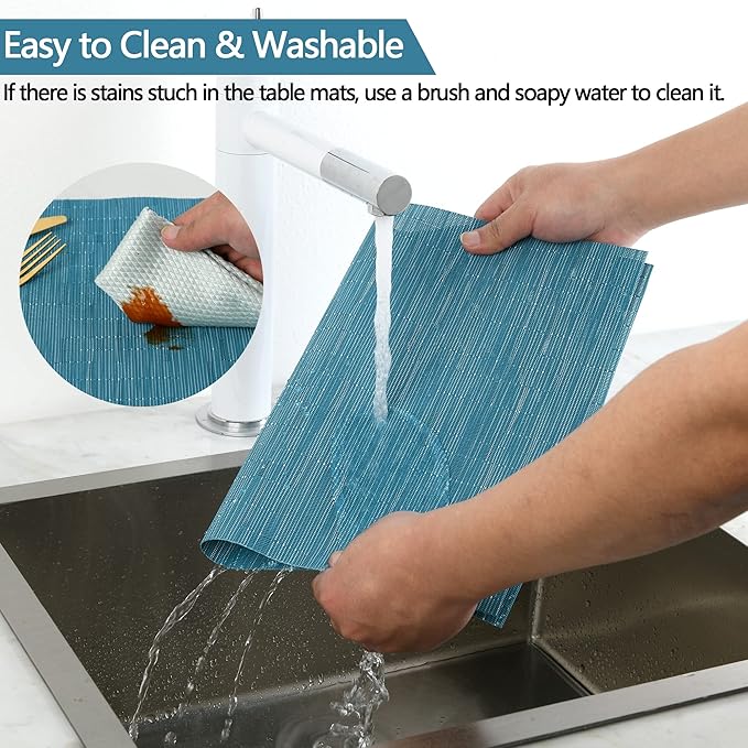 Vinyl Placemats Set of 8 - Washable Easy Clean Place Mats - Heat Resistant PVC Table Placemats - Table Mats for Dining Table 17x12 Inch (Sky Blue Turquoise, 8)