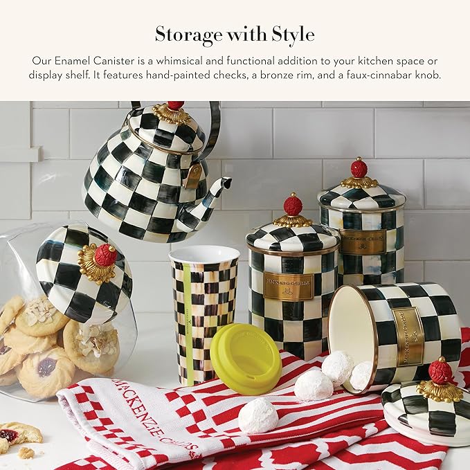 MACKENZIE-CHILDS Medium Enamel Canister, Kitchen Storage Container for Flour and Sugar, 1.42 Liters, Black-and-White Courtly Check