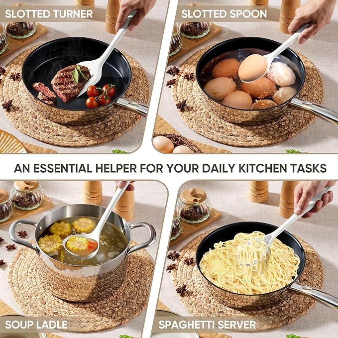 Herogo Silicone Cooking Utensils Set, 7-Piece Kitchen Utensils Set, Heat Resistant Cooking Gadget Tools Slotted Turner, Spoon, Soup Ladle, Pasta Server, Spatula, Tongs for Nonstick Cookware, White