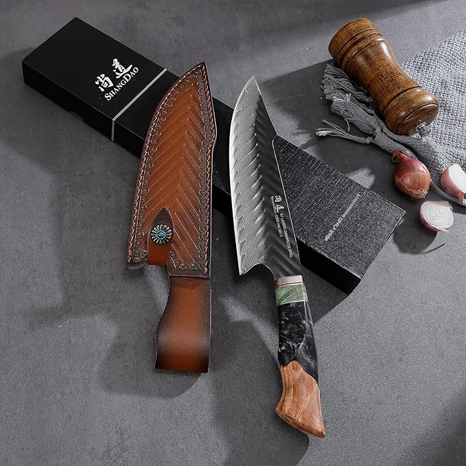 SHANGDAO Damascus Chef Knife 8 Inch,67 Layers Alloy Steel Professional Kitchen Knives with Leather Sheath, Hand Forged Resin & Wood Handle QILIN Series