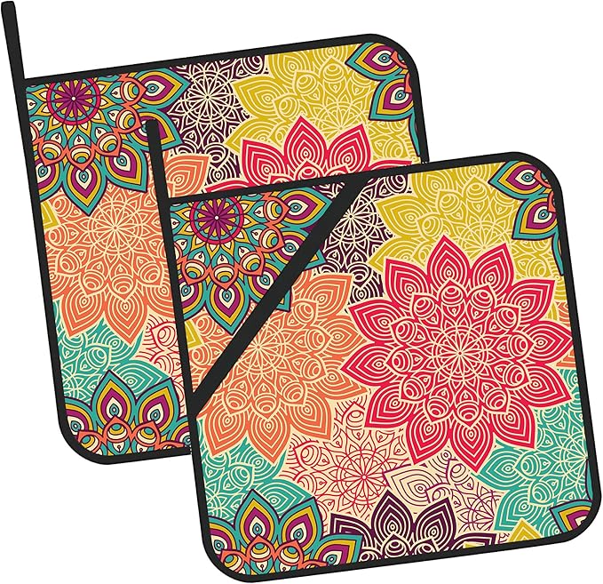 Vintage Mandala Floral Pot Holders 2 PCS for Kitchen, Heat Resistant Hot Pads for Cooking Grilling Baking BBQ, Pot Holders for Women Cook Essentials Accessories Home Microwave