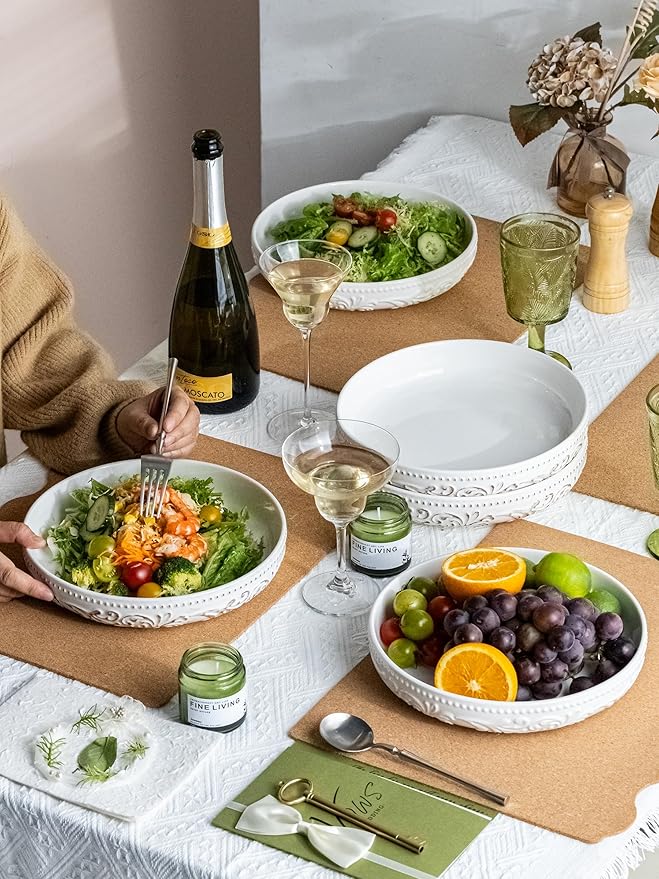 YHOSSEUN 9.75" Pasta Bowls Set of 4, 50 OZ Large Salad Bowl Pasta Plates, Ceramic Serving Bowl Plate White Soup Bowls, Embossed Morning Glory