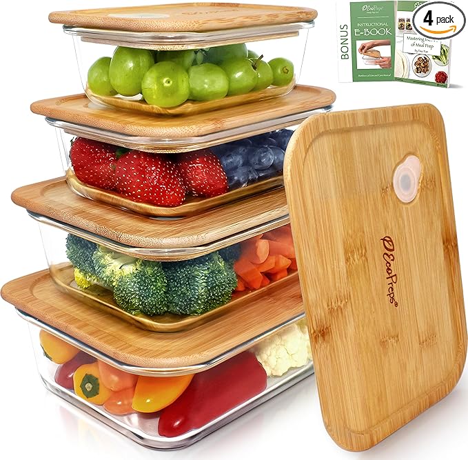 Glass Food Storage Containers with Bamboo Lids (4 Pack) - 100% Plastic Free, Eco-Friendly, Oven, Microwave Safe Meal Prep Container Set - Bamboo Lid Storage Container, Glass Lunch Containers