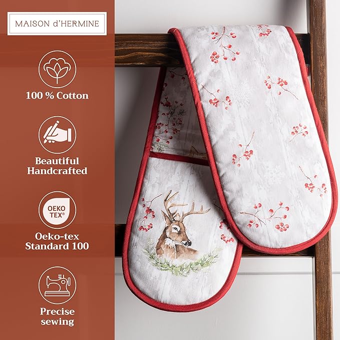Maison d' Hermine Double Oven Mitt 100% Cotton Heat Resistant Cooking Gloves with Loop, Baking Barbeque, Handling Hot Pan, Mountain Life- Thanksgiving/Christmas (7 Inch x 35 Inch)
