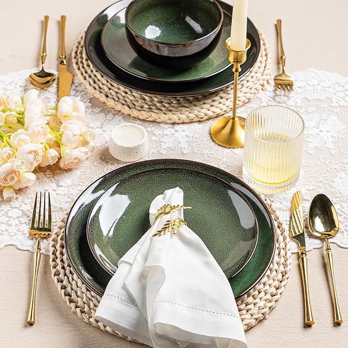 LERATIO Ceramic Dinner Plates Set of 6, 10.5 Inch Handmade Reactive Glaze Porcelain Plates, Coupe Shape Dinnerware Dishes Set for Kitchen,Oven& Microwave & Dishwasher Safe, Scratch Resistant-Green