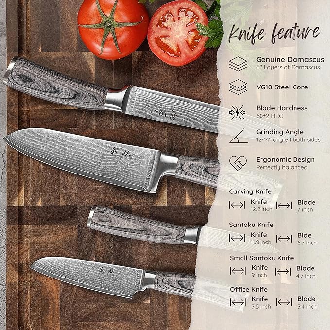 Wakoli EDIS Damascus 4-Piece Knife Set – Japanese Style Kitchen Knives | Genuine Damascus Steel Blades with VG10 Core | Ergonomic Pakkawood Handles | Professional Chef Knife Set in Wooden Gift Box