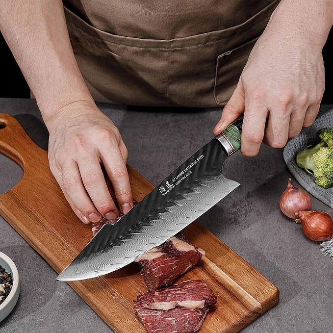SHANGDAO Damascus Chef Knife 8 Inch,67 Layers Alloy Steel Professional Kitchen Knives with Leather Sheath, Hand Forged Resin & Wood Handle QILIN Series