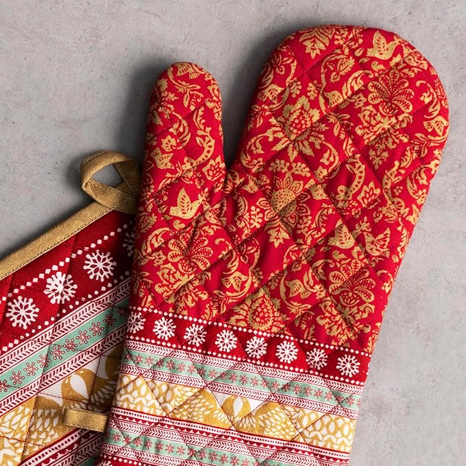 Maison d' Hermine 100% Cotton Oven Mitt & Pot Holder Set (7.5"x13" & 8"x8") Heat Resistant BBQ Cooking Gloves with Loop, Baking, Grilling, Kitchen, Handling Hot Pans (Sofia)