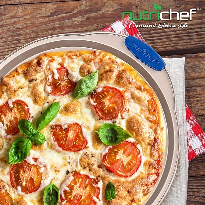 NutriChef 13-Inch Non-Stick Pizza Tray with Silicone Handle - Perforated Round Steel Pan, Dishwasher Safe - 2 Pack - Champagne Gold