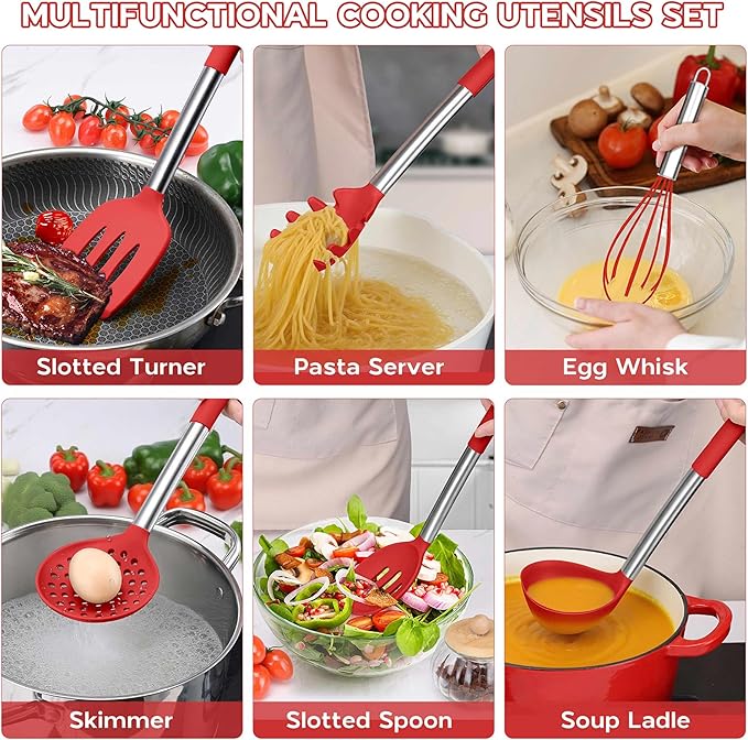 15 Pcs Silicone Cooking Utensils Set, Red Kitchen Utensils Spatula Set with Holder, Large Kitchen Gadgets Tools for Nonstick Cookware