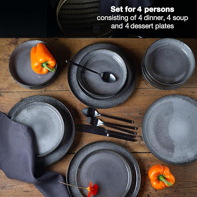VIDA 12-Piece Porcelain Dinnerware Plate Set for 4 | Includes 4 Dinner Plates, 4 Dessert Plates, 4 Bowls | Modern Grey Ceramic Tableware, Stoneware Look, Microwave & Dishwasher Safe Dishes
